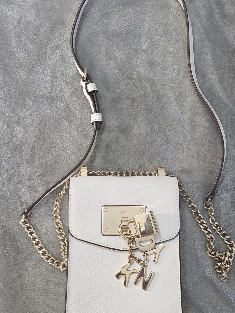 DKNY White Pebbled Leather Crossbody with Gold Hardware and Charm